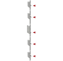 Serrure multipoints en acier avec quatre pénes à crochet et un péne principal, indiqués par cinq flèches.