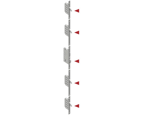 Serrure multipoints en acier avec quatre pénes à crochet et un péne principal, indiqués par cinq flèches.