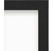 Vue détaillée du coin d'un cadre noir avec un passe-partout blanc.