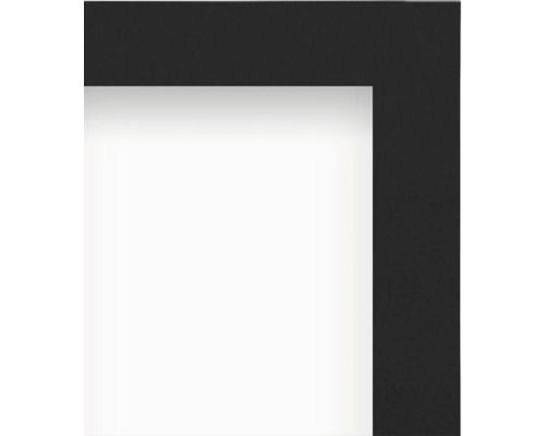 Vue détaillée du coin d'un cadre noir avec un passe-partout blanc.