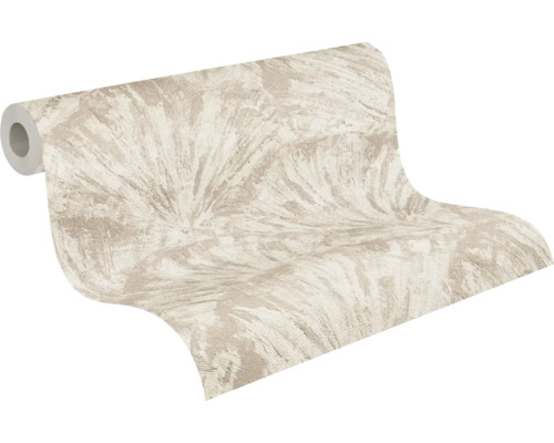 Papier peint intissé en rouleau avec motif abstrait en forme d'éventail beige et crème.