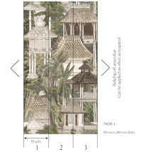 Papier peint panoramique architecture Asie du Sud-Est et palmiers composé de trois lés pour une taille totale de 159 par 280 centimètres.