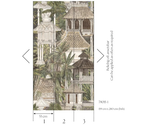 Papier peint panoramique architecture Asie du Sud-Est et palmiers composé de trois lés pour une taille totale de 159 par 280 centimètres.