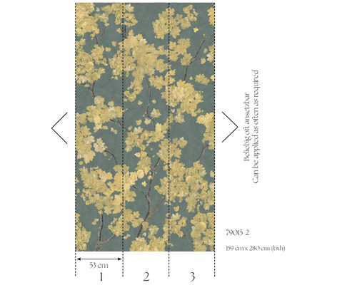 Papier peint intissé avec motif floral de fleurs jaunes, 159 par 280 centimètres, raccordable à l'infini.