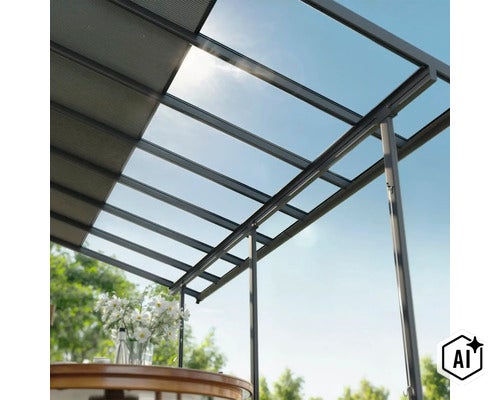 Couverture de terrasse avec cadre en aluminium et éléments de toiture partiellement translucides devant un ciel bleu. (Image AI modified or generated)