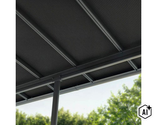 Toiture de terrasse avec plaques profilées et sous-structure métallique vue d en bas (Image AI modified or generated)