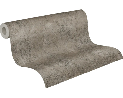 Papier peint intissé avec aspect pierre et structure béton en gris et beige.