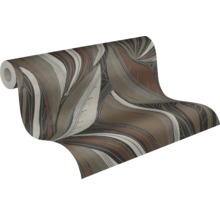 Papier peint intissé avec un grand motif de feuilles abstrait en brun et beige.