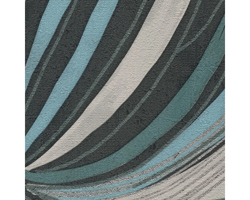 Papier peint structuré avec un motif à vagues abstrait en gris, bleu, turquoise et blanc.