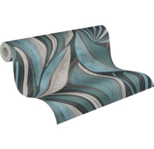 Rouleau de papier peint avec motif de grandes feuilles en turquoise, gris et noir.
