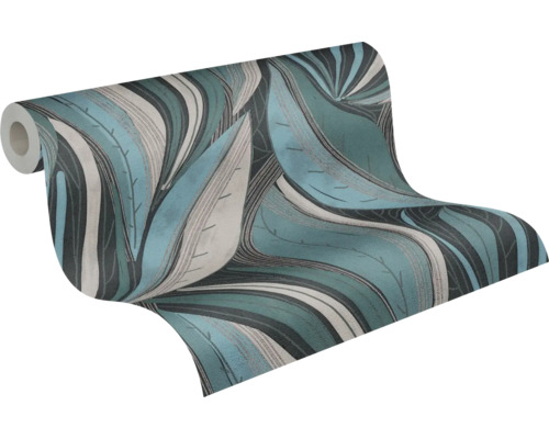 Rouleau de papier peint avec motif de grandes feuilles en turquoise, gris et noir.