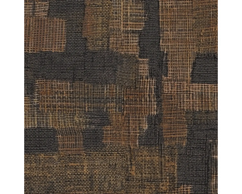 Papier peint texturé avec motif patchwork tissé dans les tons marron et noir.