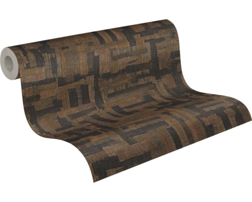 Papier peint intissé avec motif géométrique abstrait marron et gris foncé avec structure textile