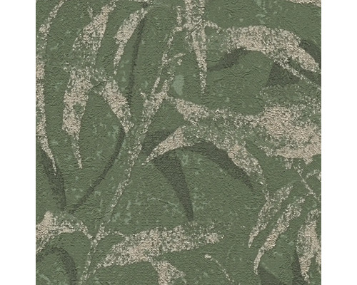 Papier peint intissé vert avec motif de feuilles et surface structurée