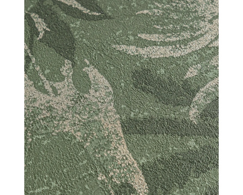 Papier peint intissé avec motif floral et surface structurée en vert et argent