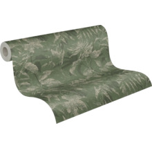 Rouleau de papier peint avec un motif botanique de feuilles et de fleurs en vert et beige.