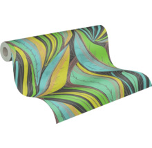 Papier peint intissé avec motif de feuilles abstrait et lignes ondulées.