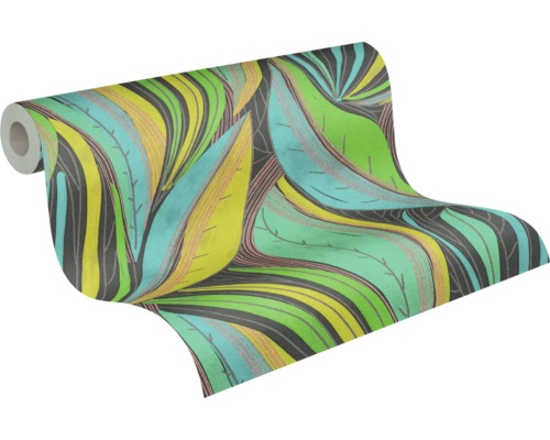 Papier peint intissé avec motif de feuilles abstrait et lignes ondulées.