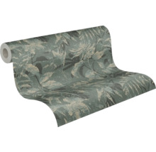 Papier peint intissé avec motif botanique de feuilles et fleurs, surface texturée.