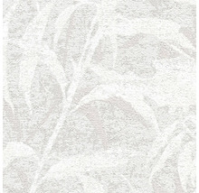 Papier peint blanc texturé avec un motif de feuilles florales.