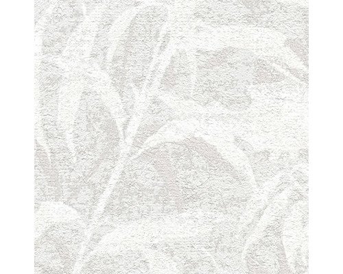 Papier peint blanc texturé avec un motif de feuilles florales.