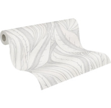 Papier peint intissé avec motif de feuilles stylisées composé de fines lignes grises sur fond blanc.