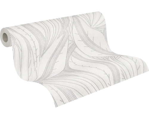 Papier peint intissé avec motif de feuilles stylisées composé de fines lignes grises sur fond blanc.