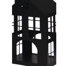 Maison décorative en métal noir avec fenêtres et portes découpées.