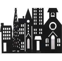 Silhouette décorative de ville en métal noir avec maisons, église et sapin ainsi que des photophores en verre intégrés.