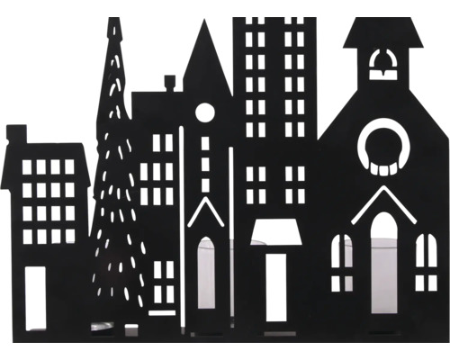 Silhouette décorative de ville en métal noir avec maisons, église et sapin ainsi que des photophores en verre intégrés.