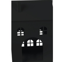 Dekoratives schwarzes Lichthaus aus Metall mit Fensterausschnitten und Schornstein.