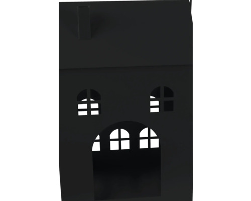 Dekoratives schwarzes Lichthaus aus Metall mit Fensterausschnitten und Schornstein.