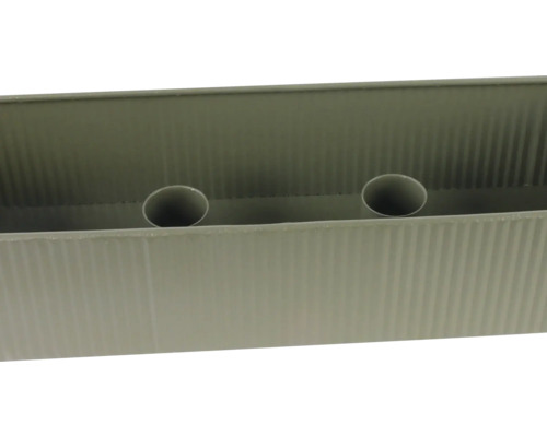 Jardinière rectangulaire avec structure nervurée verticale et deux ouvertures circulaires à l'intérieur.