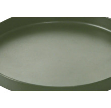 Soucoupe ronde et plate pour plantes en plastique vert foncé.