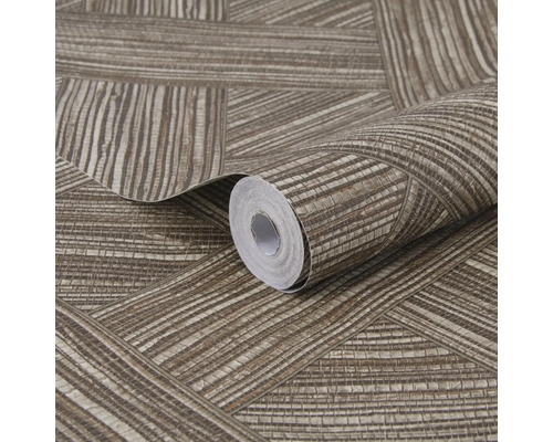 Vliestapete mit geometrischem Linienmuster in Flechtoptik, braun und beige, strukturierte Oberfläche.