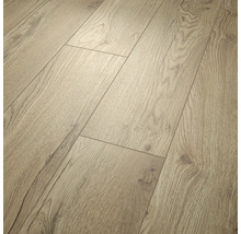 Revêtement de sol stratifié aspect chêne avec veinage de bois authentique et nœuds.