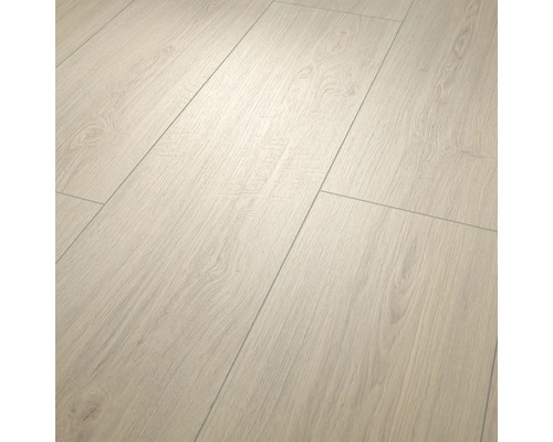 Revêtement de sol stratifié décor bois clair avec veinures et nœuds.