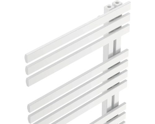 Radiateur sèche-serviettes blanc en métal avec barres horizontales plates pour salle de bains.