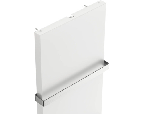 Radiateur infrarouge plat blanc avec barre porte-serviettes intégrée en métal brossé pour montage mural.