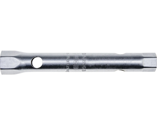 Clé à tube double en acier avec profil hexagonal et perçage pour broches.