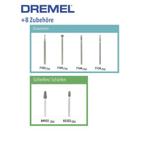 Dremel Zubehörset mit acht Teilen für Multifunktionswerkzeuge zum Gravieren, Schleifen und Schärfen mit Gravurstiften und Schleifsteinen.