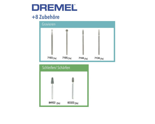 Dremel Zubehörset mit acht Teilen für Multifunktionswerkzeuge zum Gravieren, Schleifen und Schärfen mit Gravurstiften und Schleifsteinen.