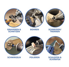Anwendungen eines Multifunktionswerkzeugs: Gravieren, Schnitzen, Bohren, Schneiden, Schmirgeln, Polieren, Schleifen und Schärfen.