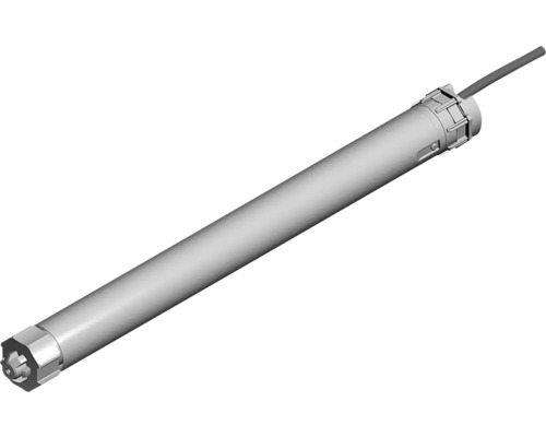 Grauer Rohrmotor für Rollläden und Markisen mit Anschlusskabel.