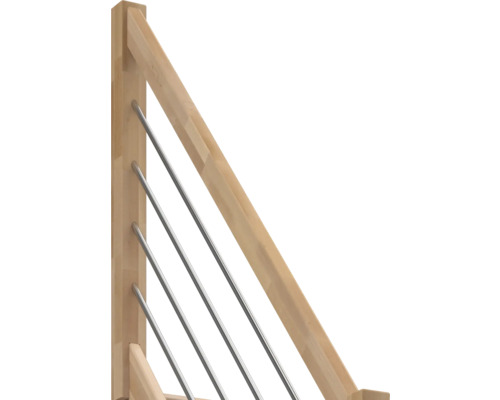 Garde-corps d escalier en bois clair avec barres inclinées en acier inoxydable.