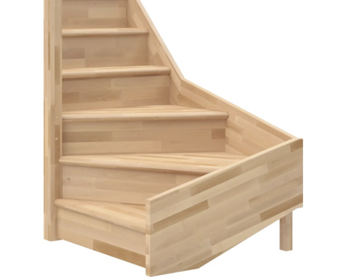 Marches d'un escalier tournant en bois massif clair avec aspect bois lamellé.