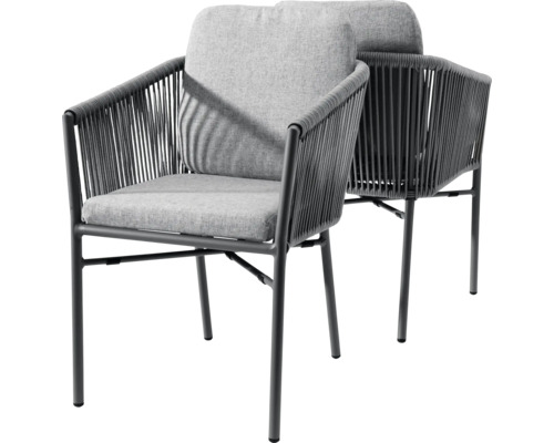 Deux chaises de jardin grises avec cadre en métal, tressage en corde et coussins de siège et de dossier en tissu.