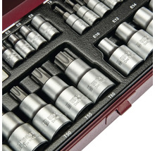 Jeu de douilles WGB avec différents embouts Torx en acier mat dans un insert en plastique.