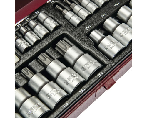 Jeu de douilles WGB avec différents embouts Torx en acier mat dans un insert en plastique.