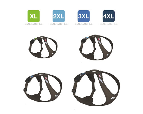 Comparaison des tailles de harnais pour chiens XL à 4XL, textile mesh marron avec réflecteurs et poignée de maintien.